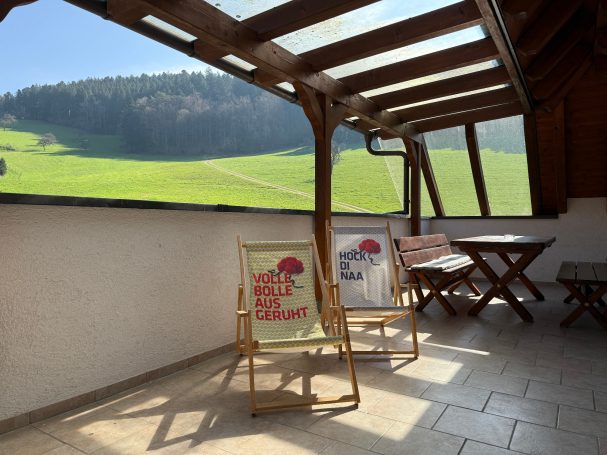 Ferienwohnung 3 Sonniger Balkon mit Liegestühlen und Blick auf grüne Wiesen und Hügel.